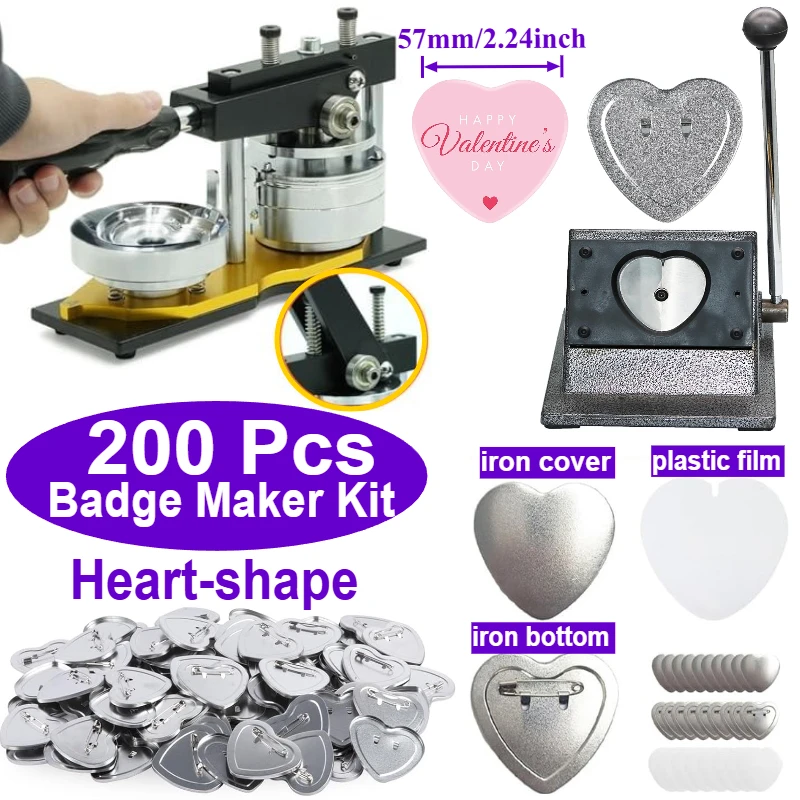 

57x53mm Heart Shape One-Piece Badge Maker Set with 200 Sets Materials Ideal for DIY Badge Magnet Production