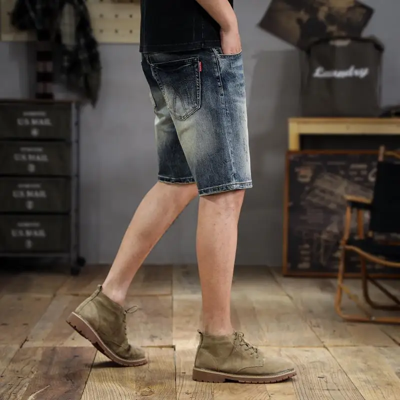 뉴 아메리칸 조수 빈티지 데님 반바지 남성 여름 조수 마모 하이 스트리트 헤비 신축성 5분 바지