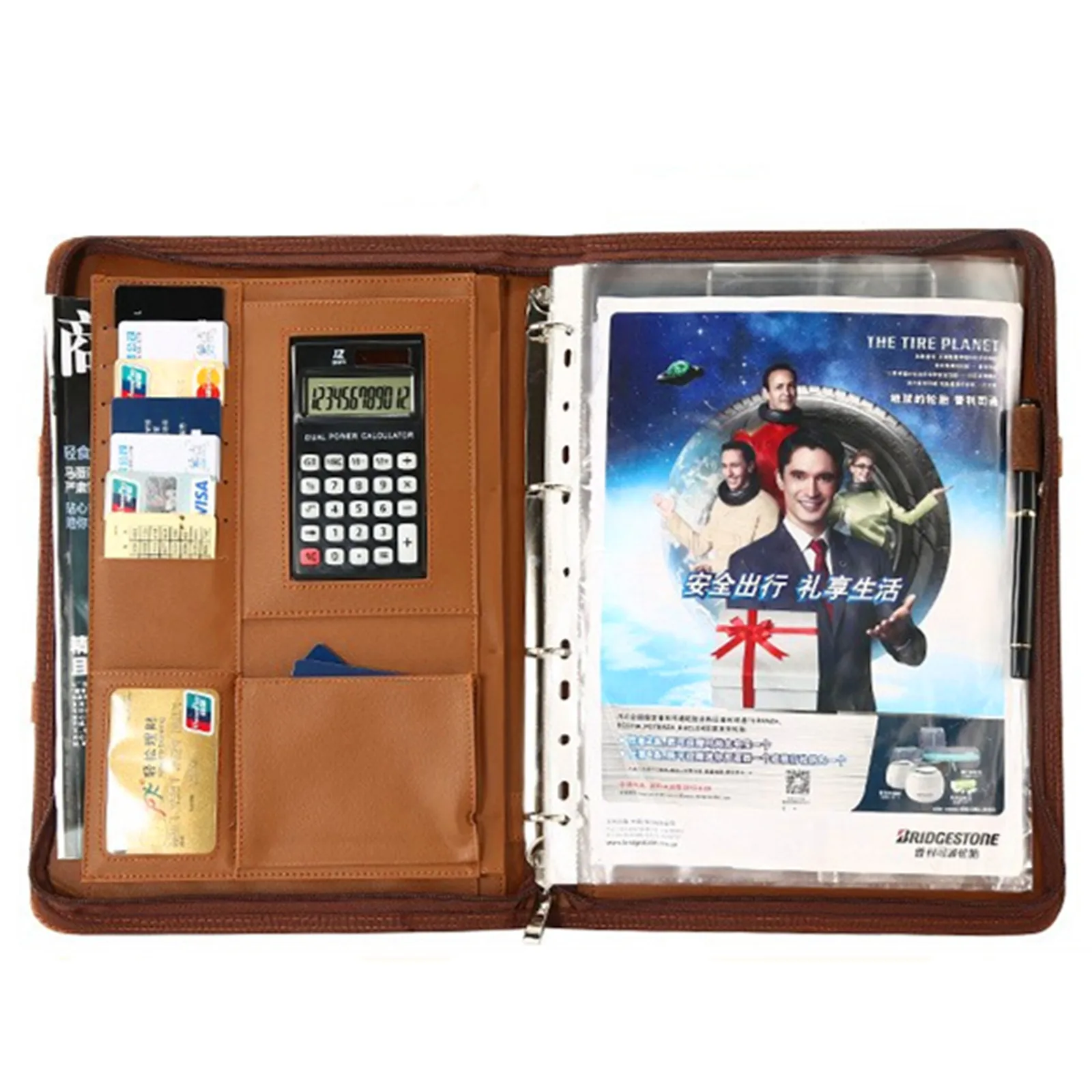 Portable Zipper Handheld Briefcase Bag A4 Office Manager's Business PU Folder Loose Leaf Binder 12 Digit Calculator Card Handbag