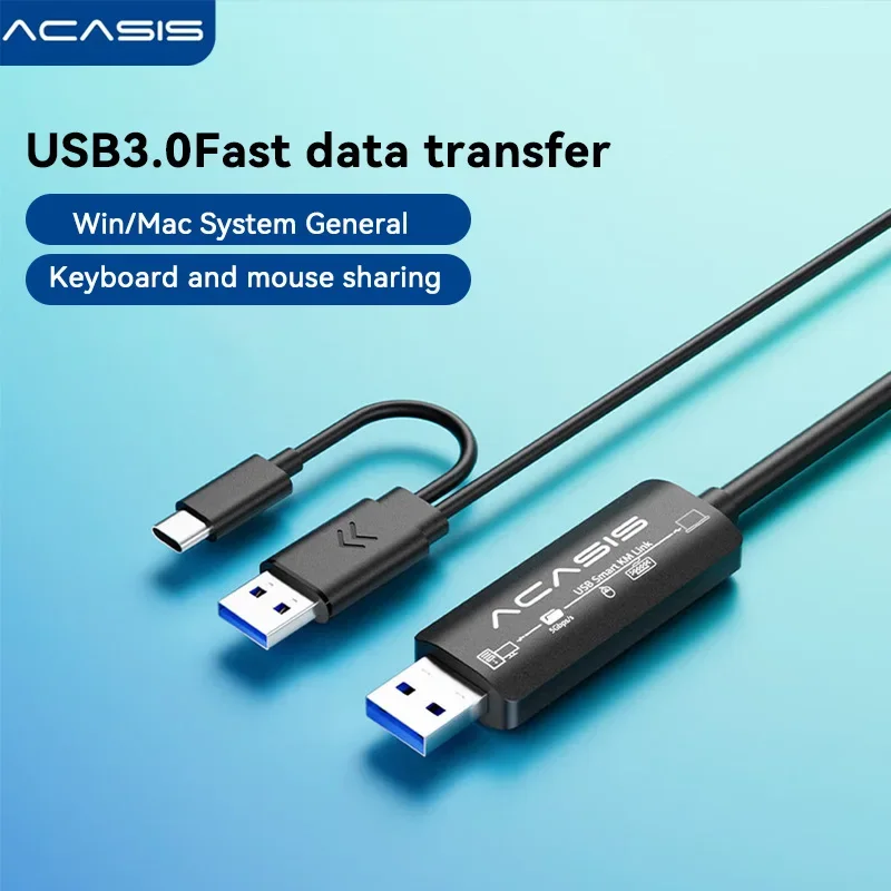 Acasis USB 3.0 PC to PC KM Link Cable for Keyboard/Mouse Sharing & Data Transfer, 5Gbps, Type-C, Mac/Win, Plug & Play