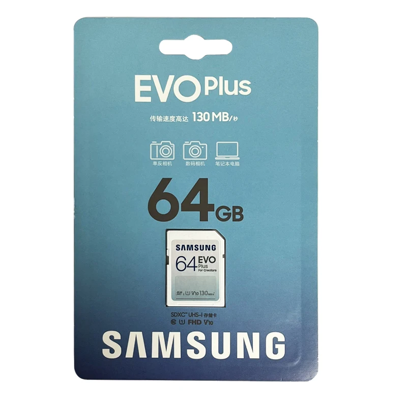 SAMSUNG-tarjeta SD EVO Plus de tamaño completo, 32GB, 64GB, 128GB, 256GB, velocidades de transferencia de hasta 130 MB/s para cámaras DSLR y sin