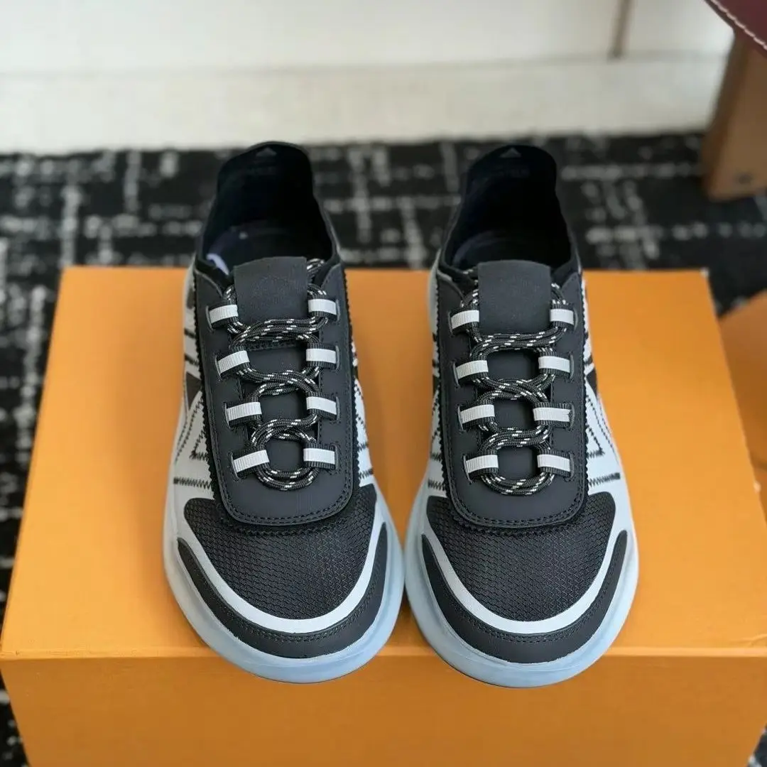 Two‑Tone Breathable Mesh Leather Athletic Sneakers Geometric Stripe Print Braided Rope Laces Frosted Clear Thick Jelly Sole Fashion Daily Walking Shoes