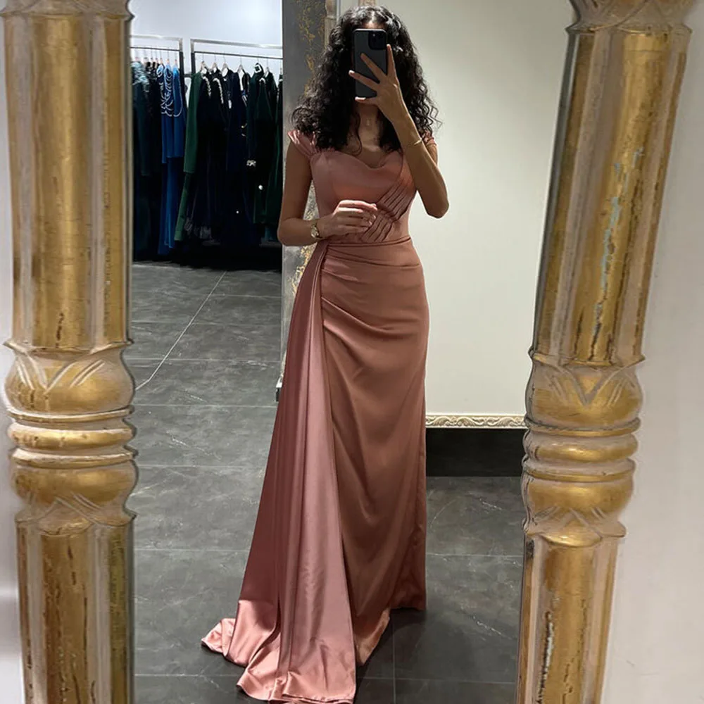 Blush Roze Prom Jassen Memaid Cap Sleeve Floor Lengte Sexy Bruiloft Gast Jurken Ruches Satijn Elegant V-hals Gelegenheid Jurken 2023