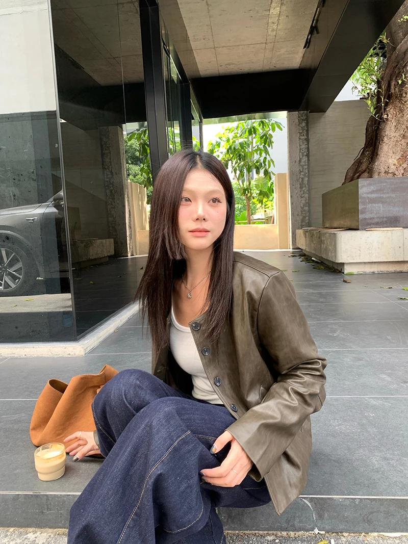 Jaet en cuir PU mat pour femmes, coupe ample, rond, amincissant, Hong Kong Sle Ele, Cool, polyvalent