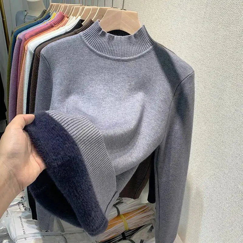 

Lucyever зимний свитер с полувысоким воротником для женщин, утепленные вязаные топы, повседневные пуловеры с длинными рукавами, трикотажные изделия