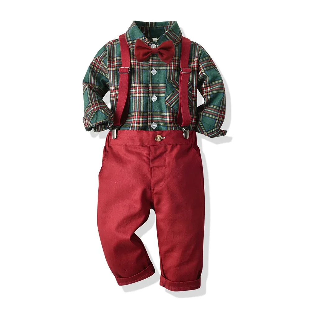 Abbigliamento natalizio per bambini Nuovi ragazzi a quadretti a maniche lunghe con risvolto Cardigan in cotone Pantaloni con bretelle Set da vacanza Stile trendy