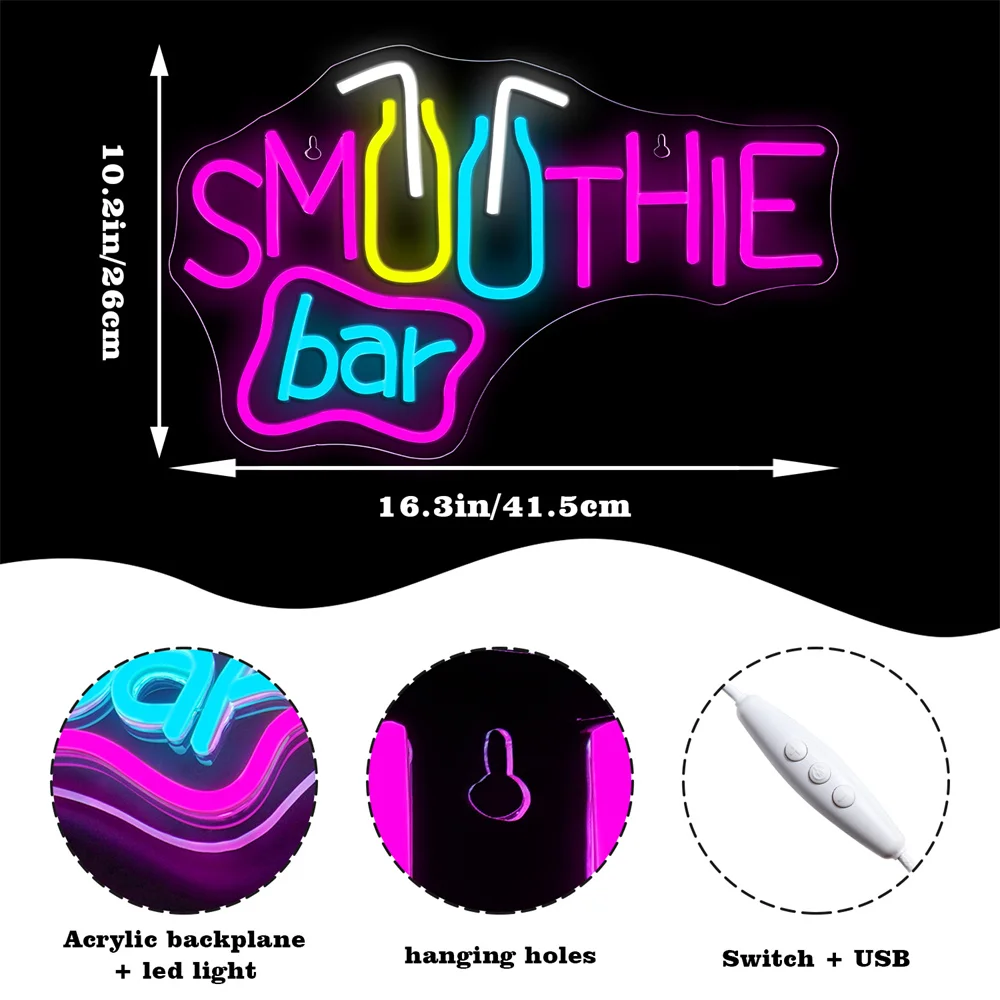 Imagem -05 - Smoothie Bar Neon Signs Dimmable Led Lights Wall Decor Decoração de Sala Neon Colorida para Bar Party Usb Store Beverage Lamp