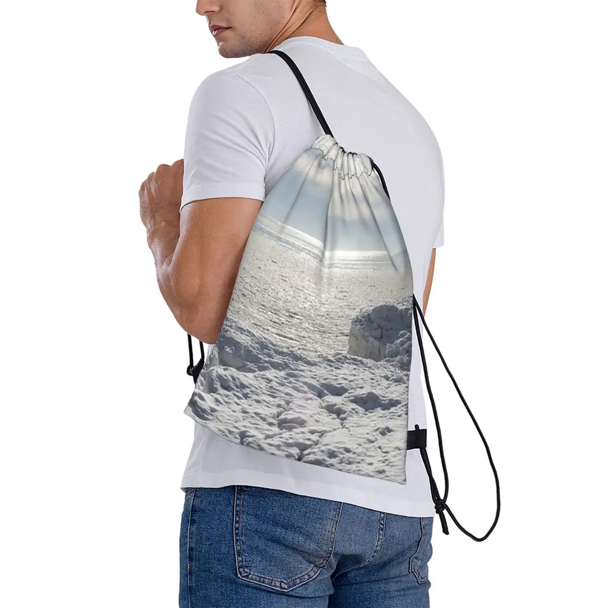 Sunlit Winter Sea View With Icebergs Backpacks Casual Drawstring Bundle Pocket Storage Bag Book Bags for Travel School
