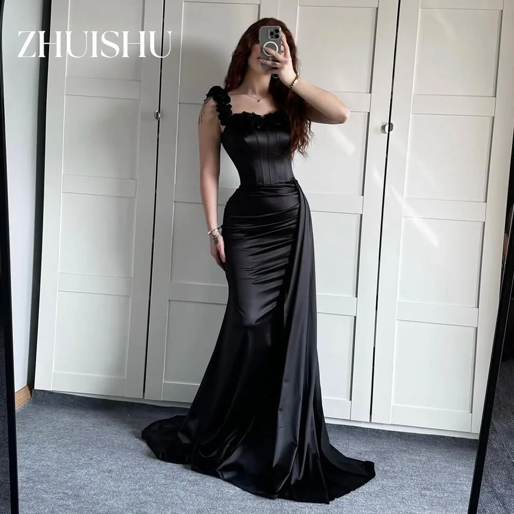 

ZHUISHU Elegant Black Evening Gown Customized Off the Shoulder Handmade Flowers Long Prom Party Dresses Satin Formal Dresses