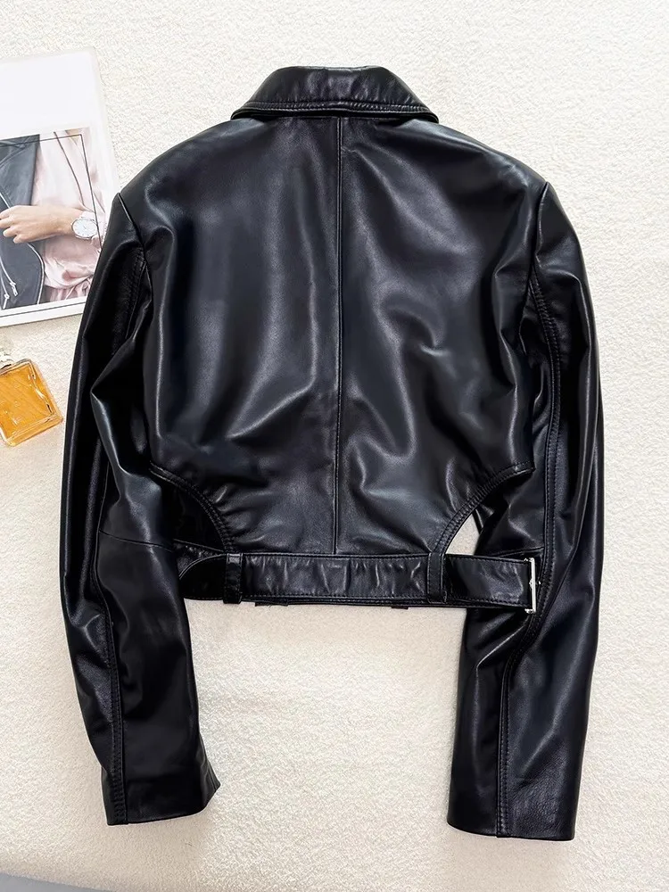 Moda scava fuori giacche da donna in vera pelle punk moto cappotto corto monopetto capispalla in pelle di pecora naturale top nuovo