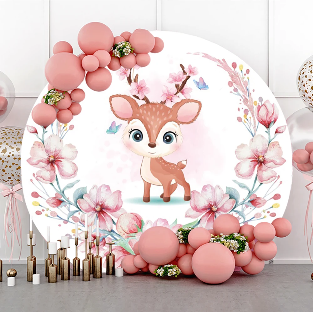 Round Photography Background Sweet Deer Pink Floral Girls 1st Birthday Party Decoration Watercolor Animal Photo Backdrop Booth