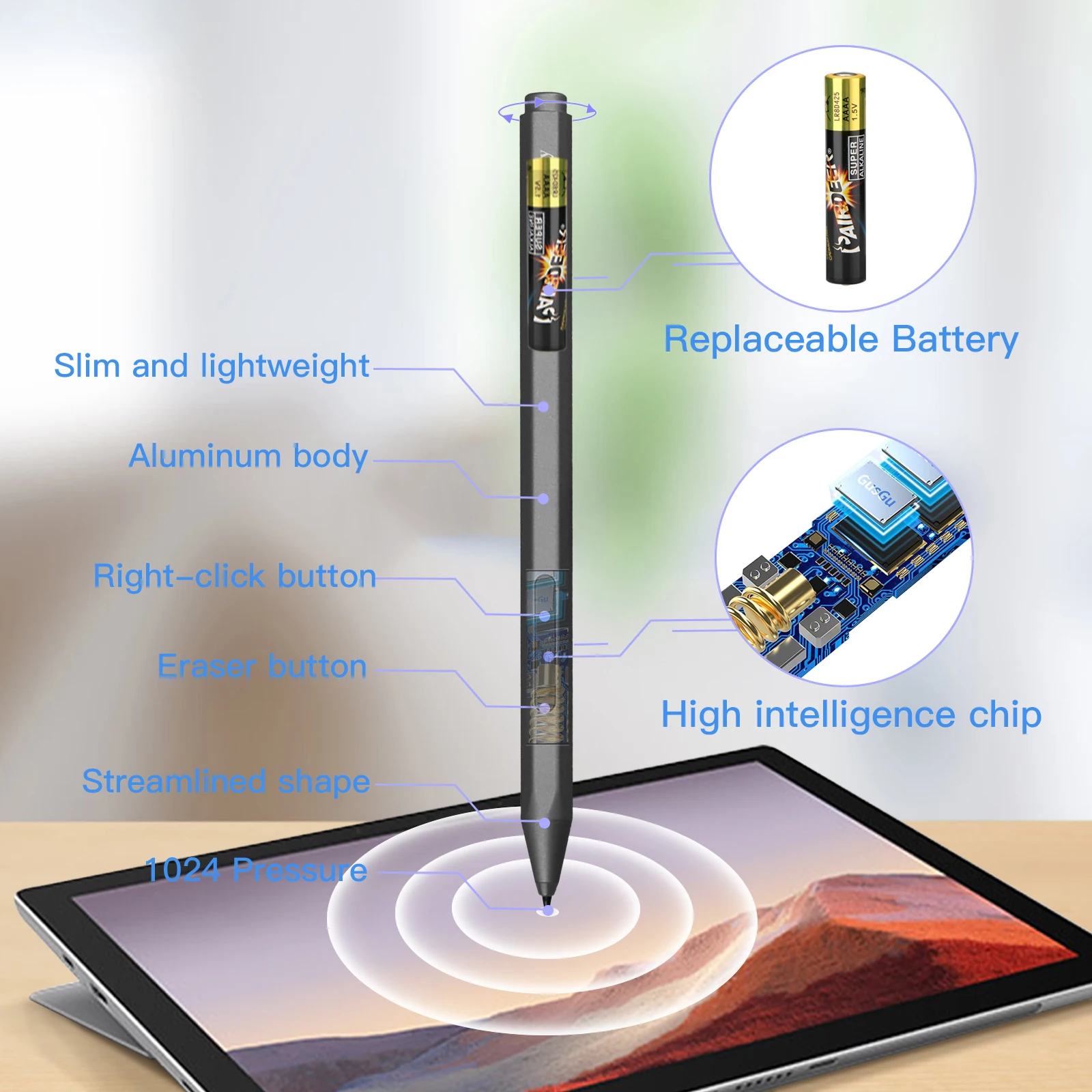Stylus Pen with 1024 Pressure for Microsoft MPP1.51 – for Surface Pro X/9-3, 3, Go 2/Go, Book 3/2/1, Laptop 5/4/3, Asus HP Dell 5