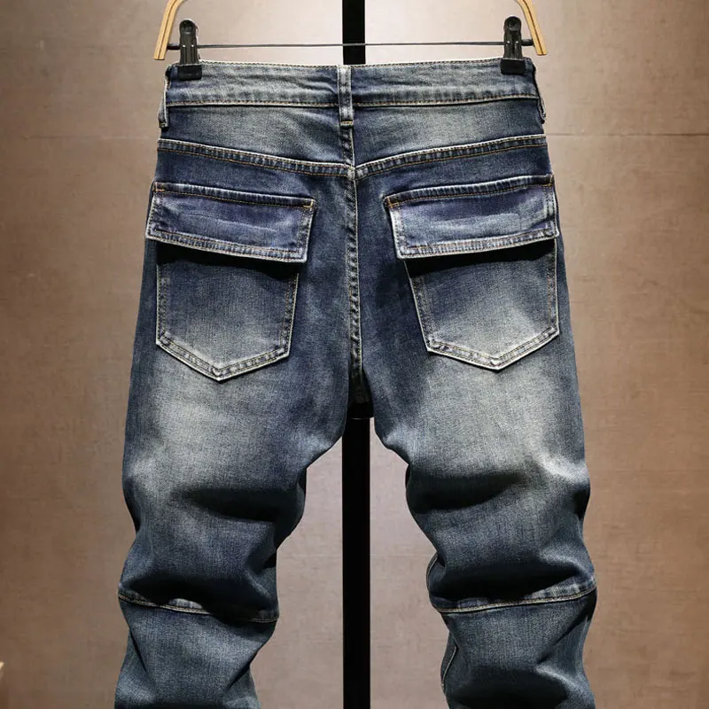 Y2k pantalones vaqueros nuevos italianos con bolsillos grandes, elásticos nostálgicos, corte ajustado, vaqueros azules pintados, pantalones de retales de calle alta, hombre