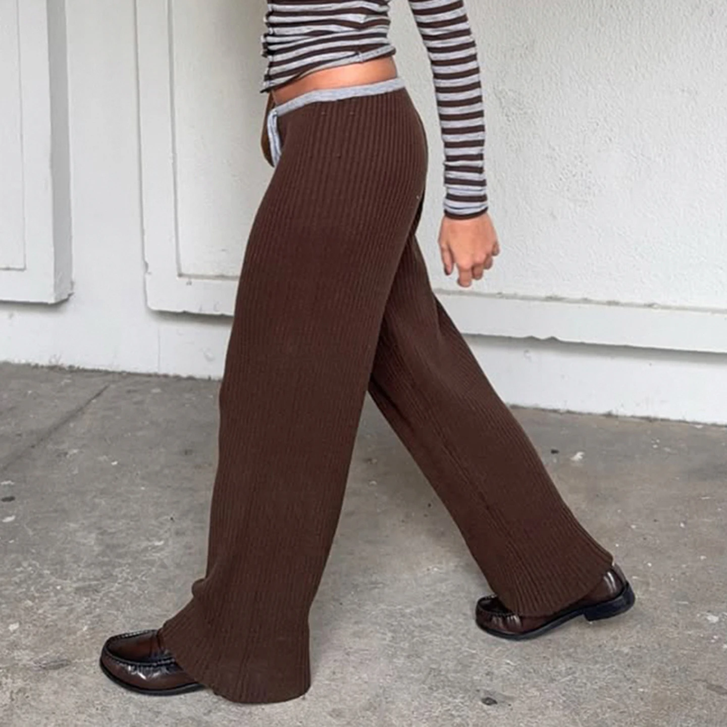 Casual Contrast Color Patchwork Knitted Pants Basic Bandage Low-Waisted Wide Leg Corduroy Pants Women 2025 Autumn Streetwear