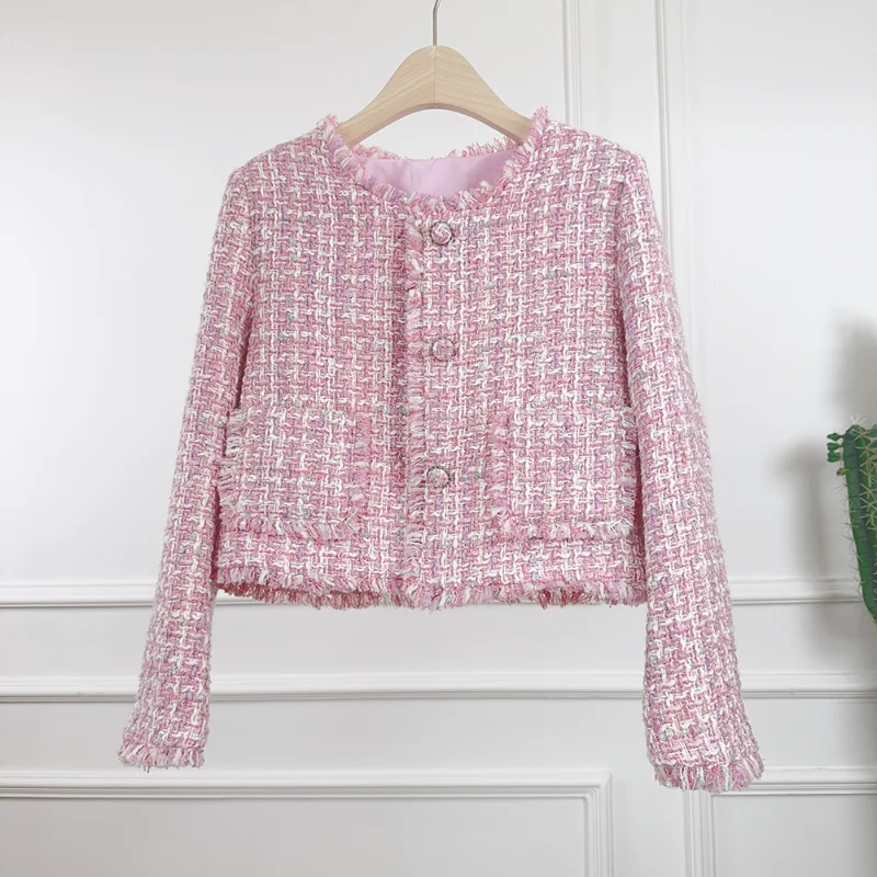 

Small Fragrance Pink Plaid Woven Short Coat Woman Fashion Sweet Round Neck Tassel Fashion Sweet Tweed French Lady Coat