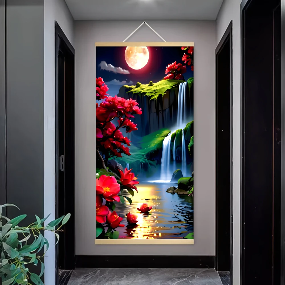 1pcs 2D Flat Vertical Canvas Wall Art Scroll Hanger Poster Multicolor with Moon, Waterfall, Red Flowers and Green Leaves Print