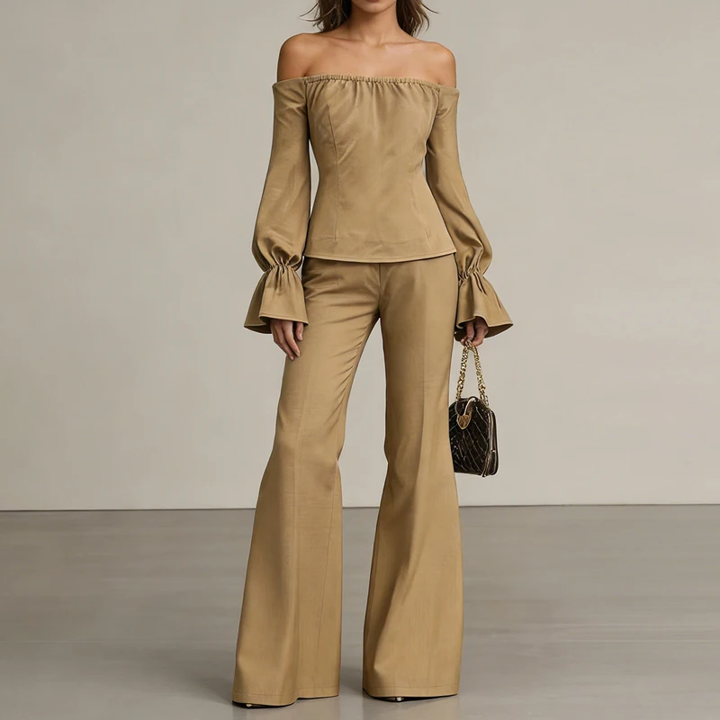 

2026 Women Elegant Bubble Sleeves Solid 2 Piece Suit Fashion Commute Loose Long Pant Sets Sexy Off Shoulder Top & Pants Outfits