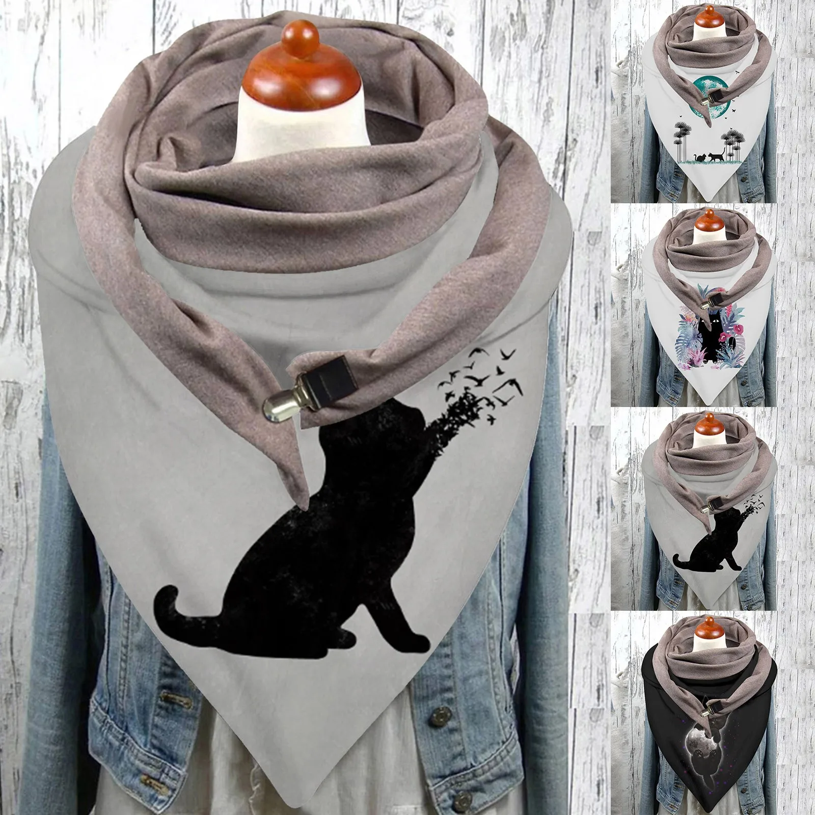 Winter Double-Layer Autumn Buckle Universal Warm Cat Prints Scarf Windproof Scarf Special S Scarf Men\'s Scarves Big Plaid Scarf