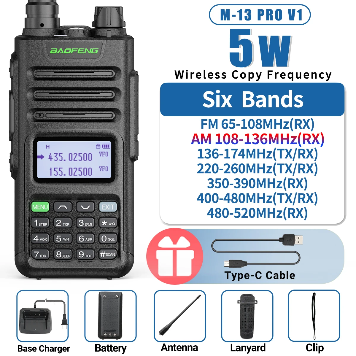BaoFeng M-13 PRO V1 V2 High Power Multi Band Walkie Talkie Type C Oplader Lange afstand Verbeterde UV-13 PRO V1 V2 Ham Tweerichtingsradio