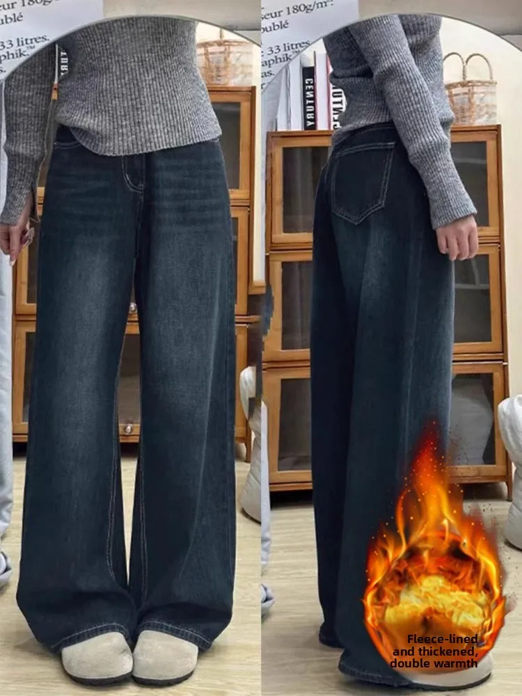 

Большие размеры Fce Lined Thi Джинсовые брюки Женские зимние свободные брюки с высокой талией Тонкие прямые широкие джинсы American Sle Vintage Wa...