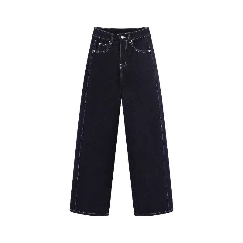 Contrast Stitch Straight Jeans for Women Lady High Waist Loose Fit Wide Leg Denim Pants Slimming Casual Spring Daily Streetwear