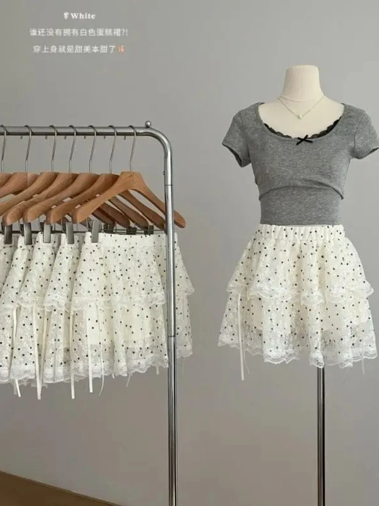 Lace Splicing Polka Dot Cake Mini Skirt Women 2025 Summer High Waist Bandage Slim A-line Y2k Skirts Pure Sweet Skort