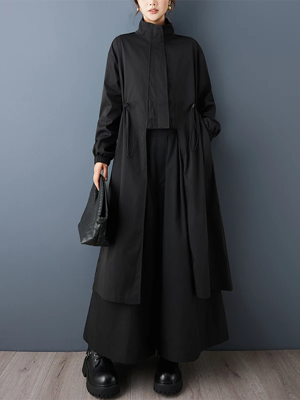 

k Sle Irregular Zipper Casual Coat Spring Season Loose Fit Dstring Slimming Faionable Long Outerwear