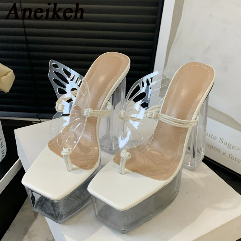 

Aneikeh 2024 Shoes For Women Summer PVC Flip Flops Square Toe Transparent Thin Heel Platform Modern Sandals Rome Solid Slip-On