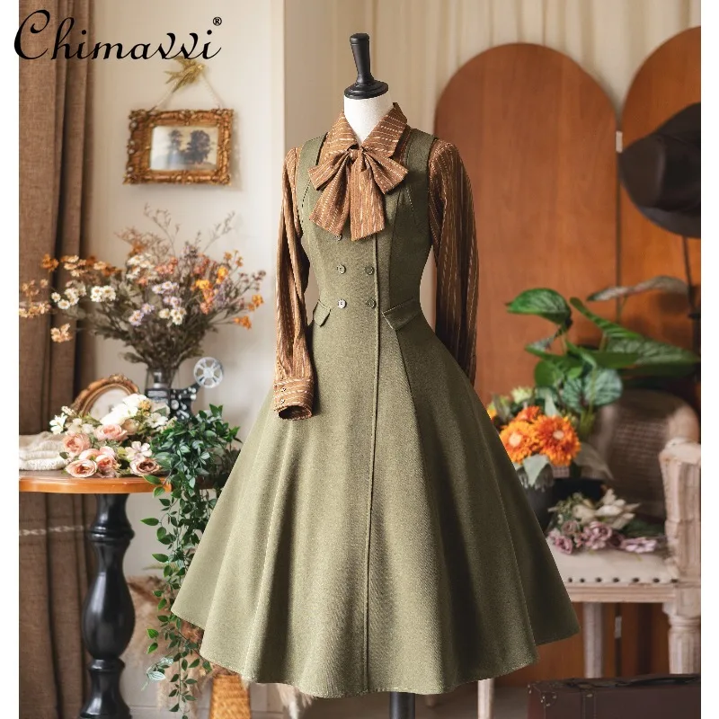 

Original British Style Dress Set Spring Autumn Vintage Elegant Waist Slimming Vest Dress JSK + Striped Long Sleeve Bow Shirt