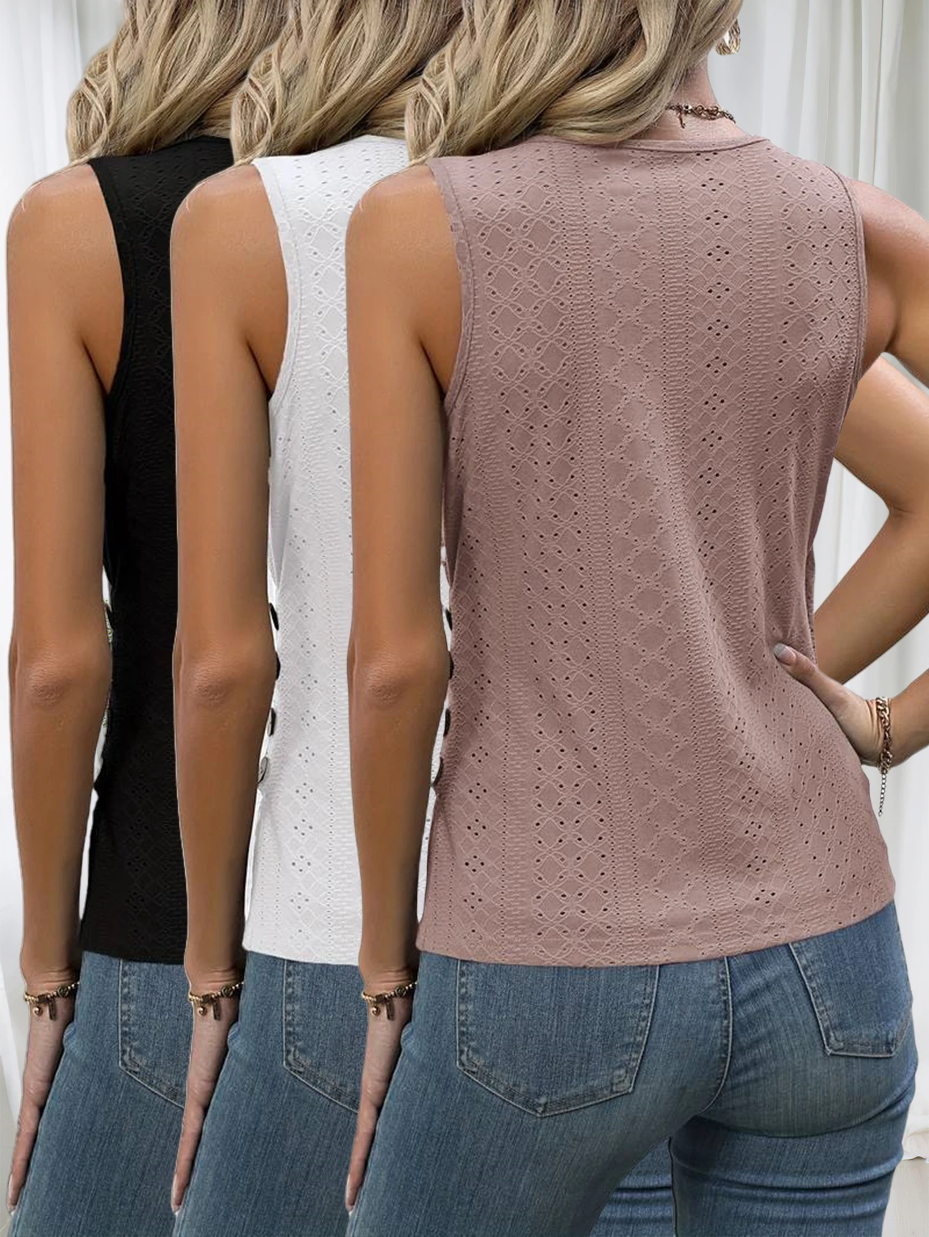 Women Sleeveless V Neck Eyelet Embroidery Wrap Top 3 Pack Ruched Side Button Decor Cami Top Set
