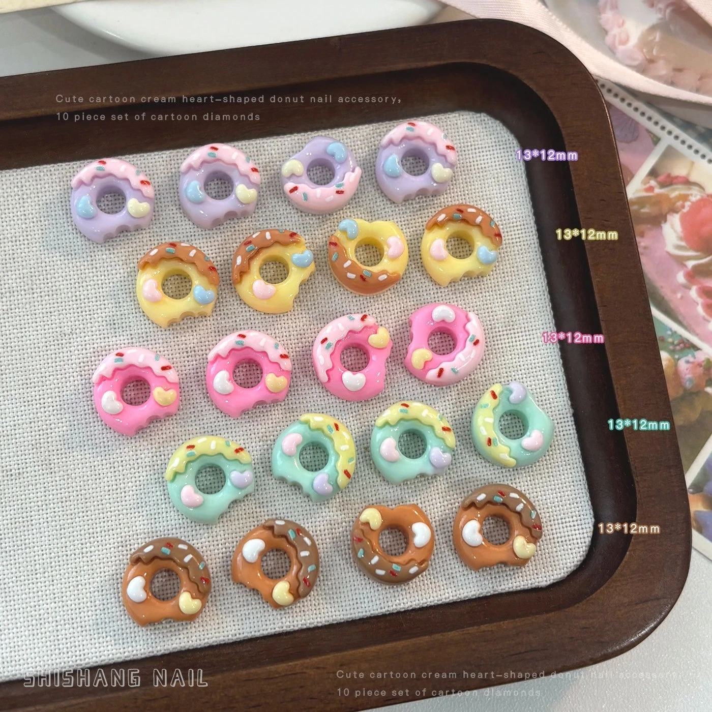 10Pcs Simulation Donut Nail Charms, Cartoon Resin Decorations for DIY Hair Clips, Keychain & Press‑on Nails Accessories
