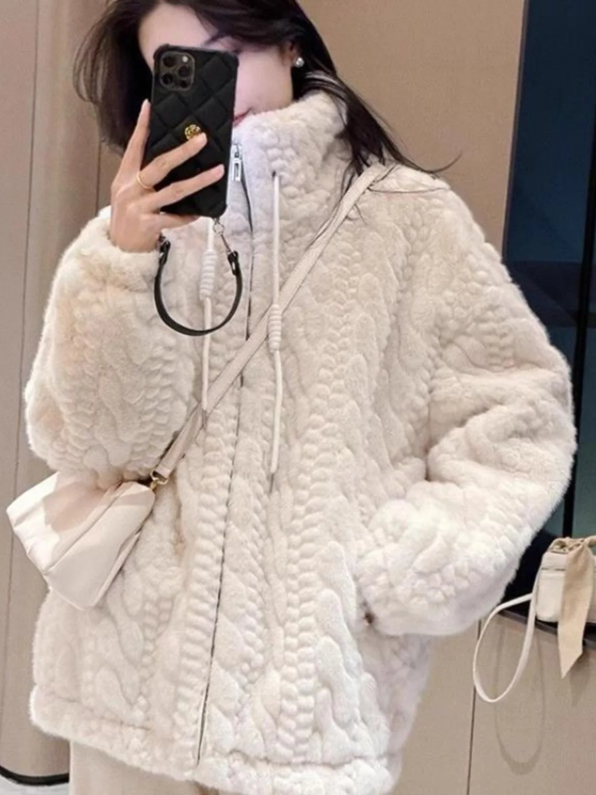 

Autumn Winter Loose Fit Zipper Fur Coat Stand Collar Lamb Jaet Stand Size Faion Korean Sle Women's ort Outerwear