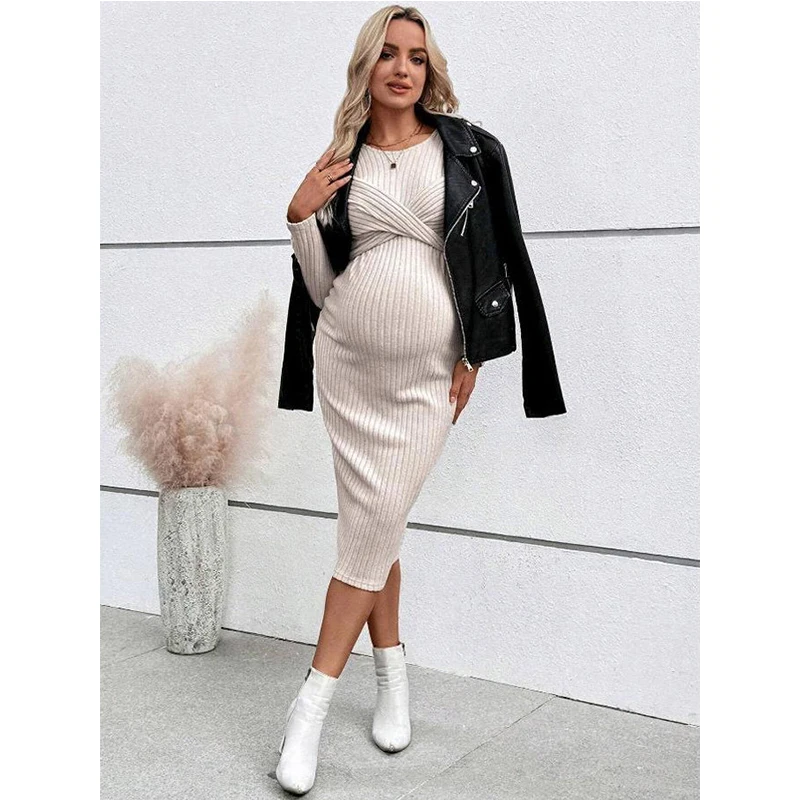 الخريف الشتاء فستان بكم طويل للنساء الحوامل عادية ألف خط فستان نحيل الأمومة أنيقة معقود التخسيس فستان الحمل #3