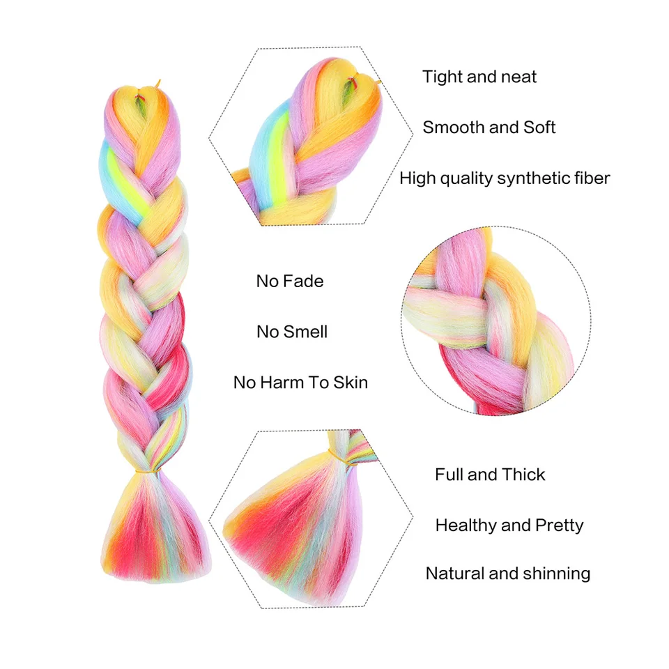 Cabello para trenzar jumbo en colores arcoíris, mezcla de fibra, giros coloridos sedosos, trenzas sintéticas de colores 4