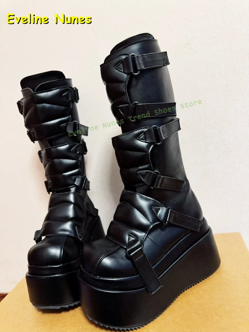 Black Buckle Cyberpunk Y2K Knee High Boots Big Round Toe Thick Sole Height Increase Subculture Style Couple Punk Shoes 2025 New view 3