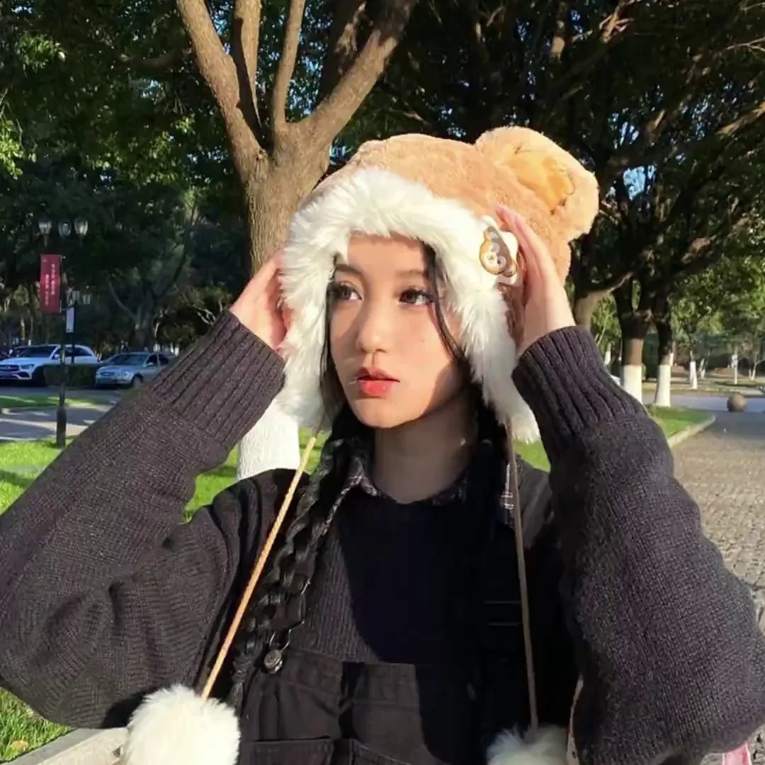 Cartoon New Plush Hat Soft Cute Girl Little Bear Cute Ear Protection Warm Hat Winter Women Lolita Jk Fashion Accessory 2023