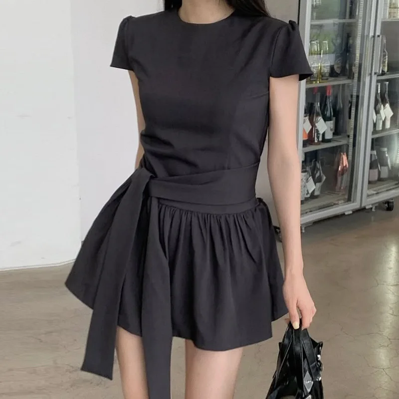 

SKMY Simple Temperament High Waist Lace-Up Short Sleeve Dress Korean Style A-Line Solid Color Versatile Daily Short Dresses