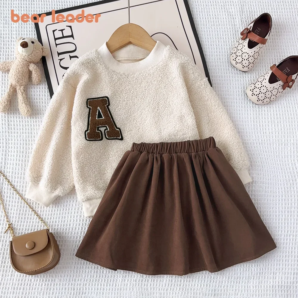 Bear Leader 3-7 Year Old Jesienno-zimowe gładkie ubrania dla dzieci Dziewczęta z długim rękawem Pluszowy top w kształcie litery A + krótka spódniczka Dwuczęściowy zestaw