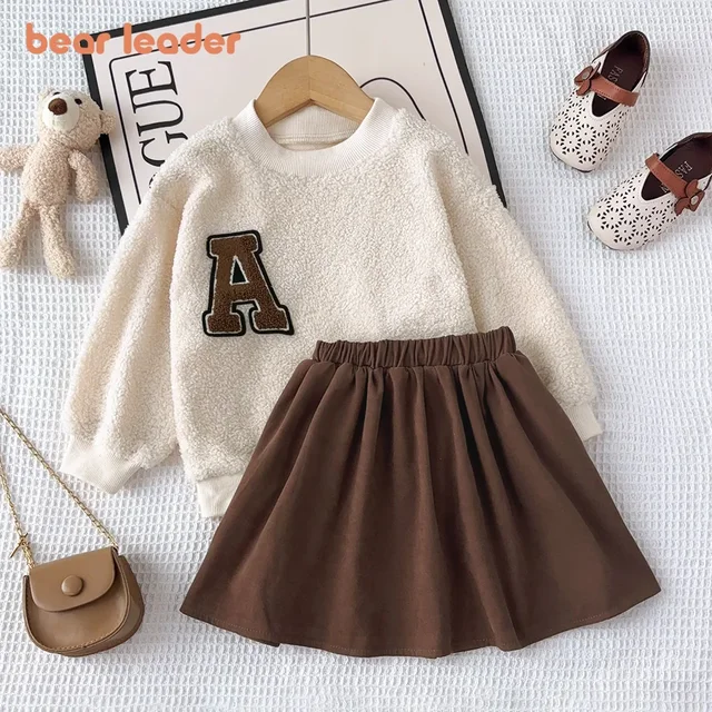 Bear Leader 3-7 Year Old Jesienno-zimowe gładkie ubrania dla dzieci Dziewczęta z długim rękawem Pluszowy top w kształcie litery A + krótka spódniczka Dwuczęściowy zestaw