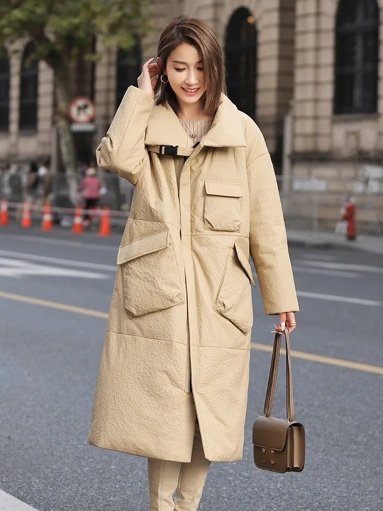 Winter Women Genuine Leather Down Jacket Thick Warm Long Overcoat Pockets Female Natural Sheepskin Loose Fit Windproof Trench