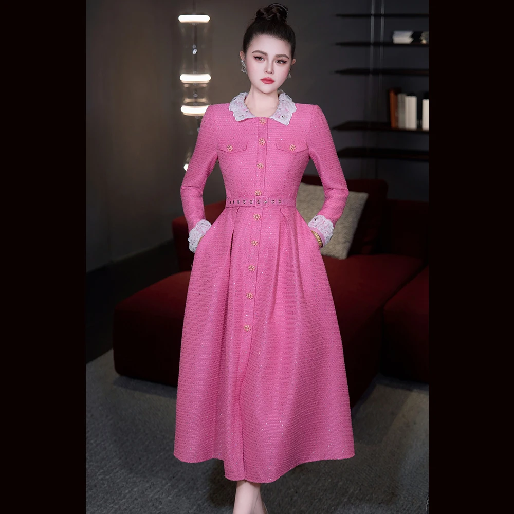 

Meyyithun Women's Dress Elegant Sing Button Long Sleeve Belt Waist Sequins A-line Office Dresses Autumn Winter New Midi Dress
