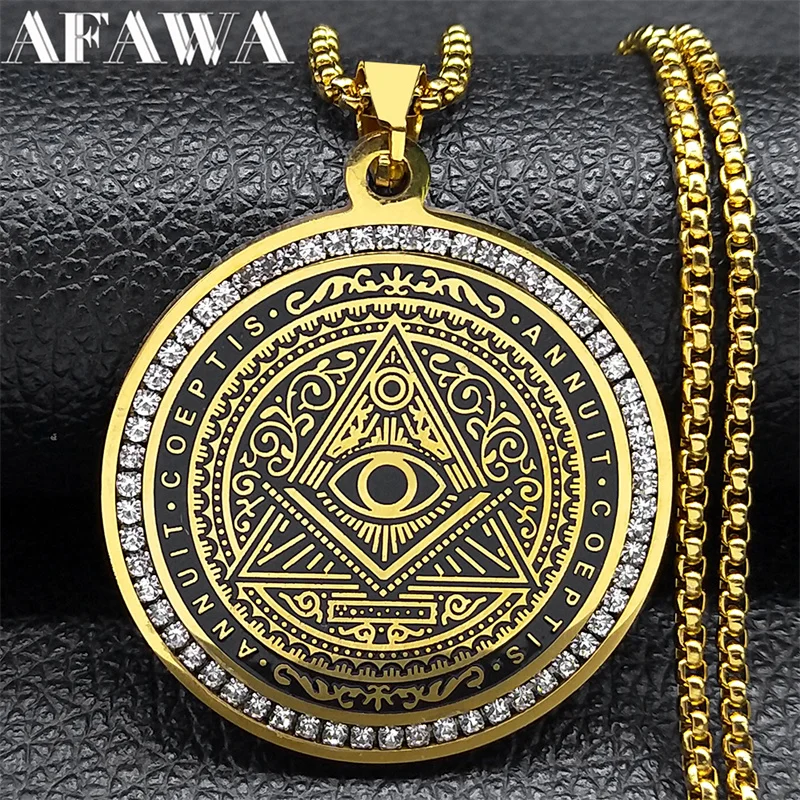 Annuit Coeptis All Seeing Eye Of Providence Necklace for Women Men Rhinestone Stainless Steel Chain Jewelry collar NZZZ488S02