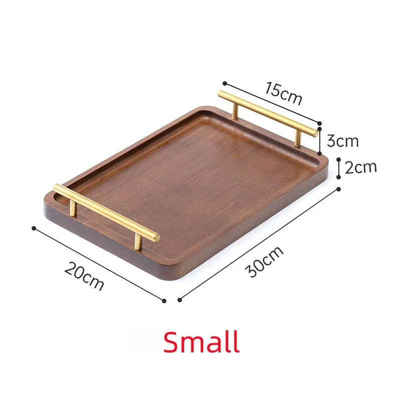 Ebony Rectangular Wooden Tray with Golden Metal Handle for Water Cup Fruit Food Bread Sundries Serving Tray Household Organizer