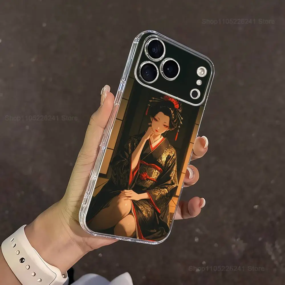Etui na iPhone'a 16, 13, 12, 11, 17, 14, 15, Pro, Max, Plus, X, XS, XR, SE, Mini z przezroczystego, miękkiego silikonu z motywem gejszy, japońskiej sztuki.