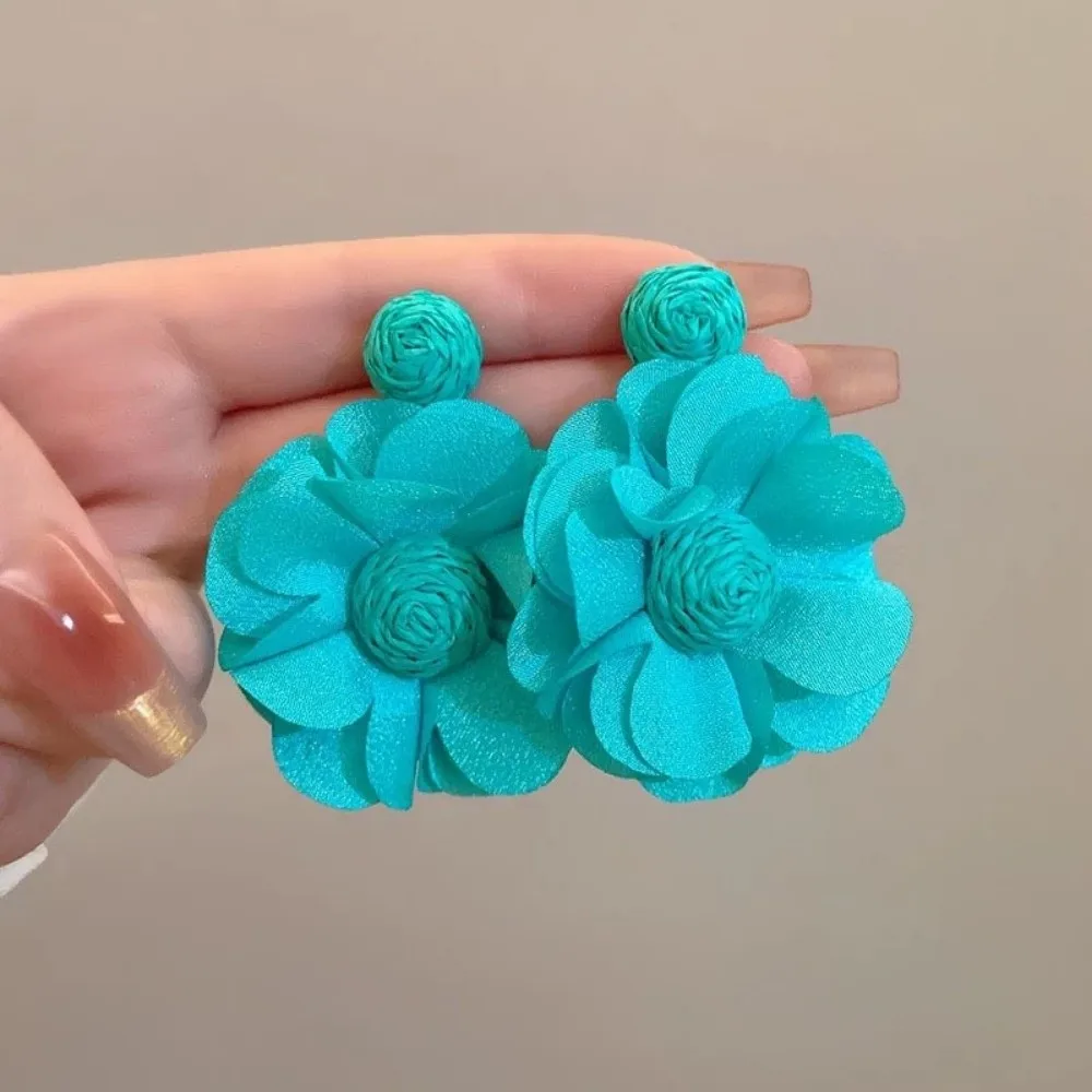 Colorful Lafite Chiffon Earrings Boho Style Handwoven Long Drop Earrings Exaggerated 3D Flower Fabric Earring Jewelry Gifts