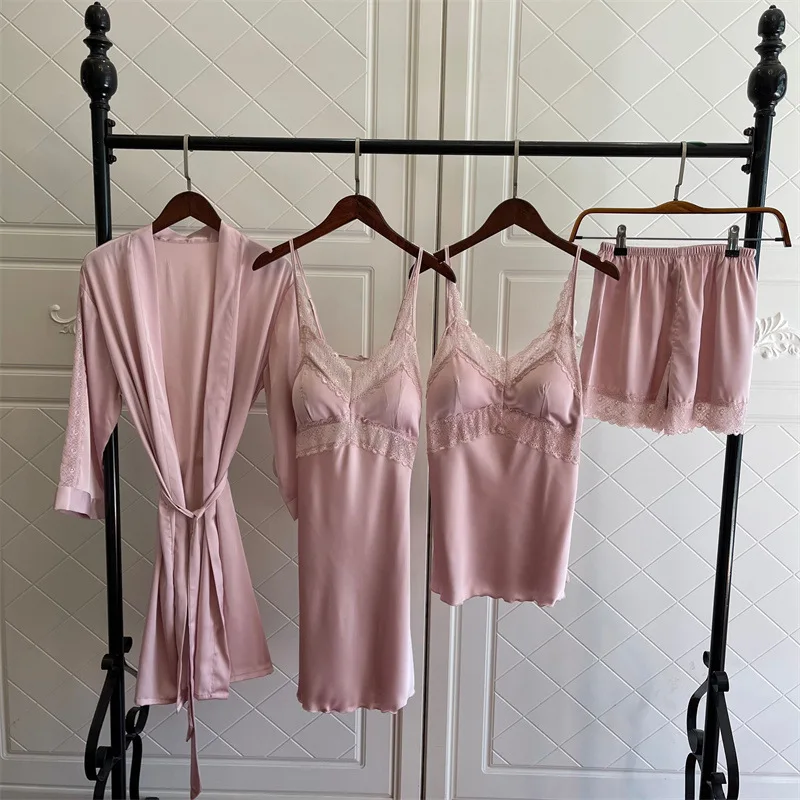 4PCS Women Pink Satin Pajamas Set Lace Sleep Suit  Pijama Home Nightie Sexy V-Neck Sleepwear