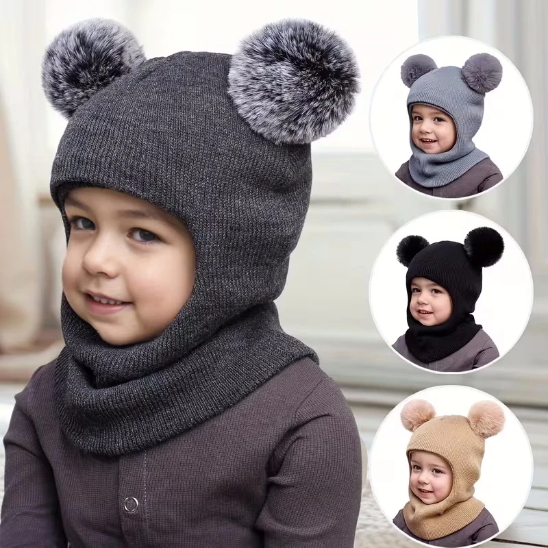 Winter children's hooded one-piece hat,equipped with ear and neck protection devices,for warmth.Double ball knitted cap