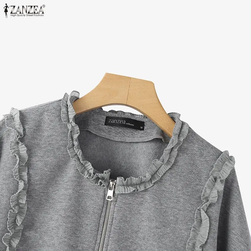 ZANZEA Lässige, lockere Sweatshirts mit Laternenärmeln, Damenmode, Rüschenbesatz, O-Ausschnitt, Reißverschluss, Kapuzenpullover, einfarbig, Damenkleidung, 3XL