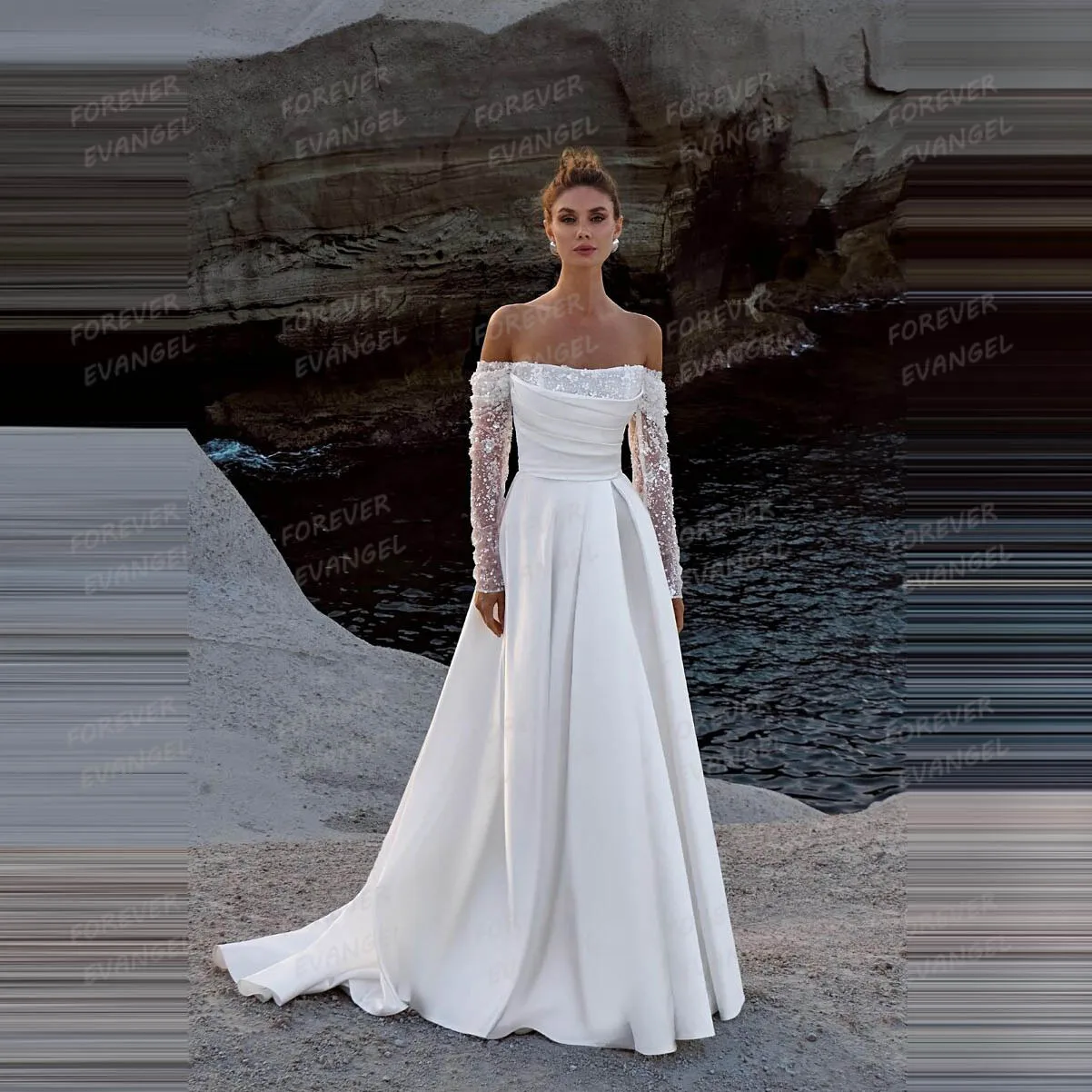 

Luxury Wedding Dresses A Line Woman's Off Shoulder Sequined Long Sleeve Satin Bride Gowns Party Vestidos De Novhe Customized