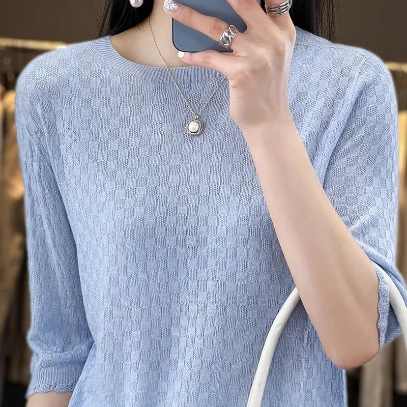 سترة نسائية دائرية Ne ort Sve رفيعة ومتوسطة الحجم وقاعدة غزل يانغزي محبوكة irt خمسة Sve طول للتنقل Sle Pu...